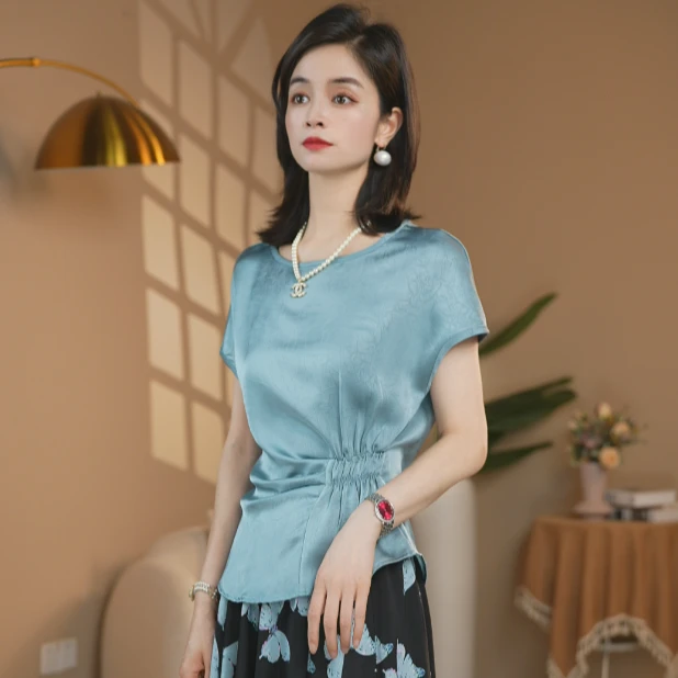 雾霾蓝2025年短袖女时尚洋气小衫显瘦气质百搭设计感透气凉感上衣