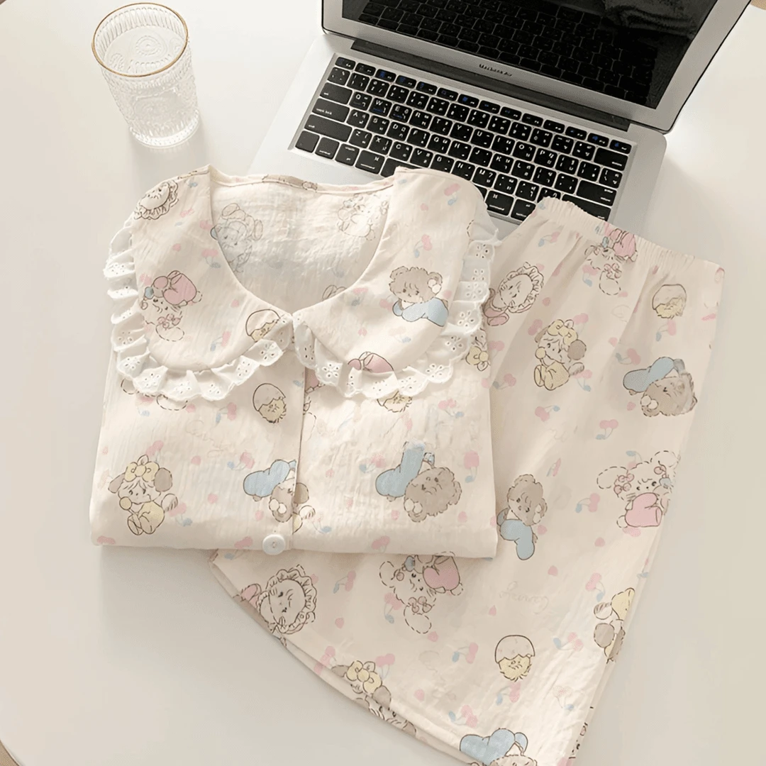 韩系软萌mikko带胸垫睡衣女春秋季云朵棉甜美花边少女长袖家居服