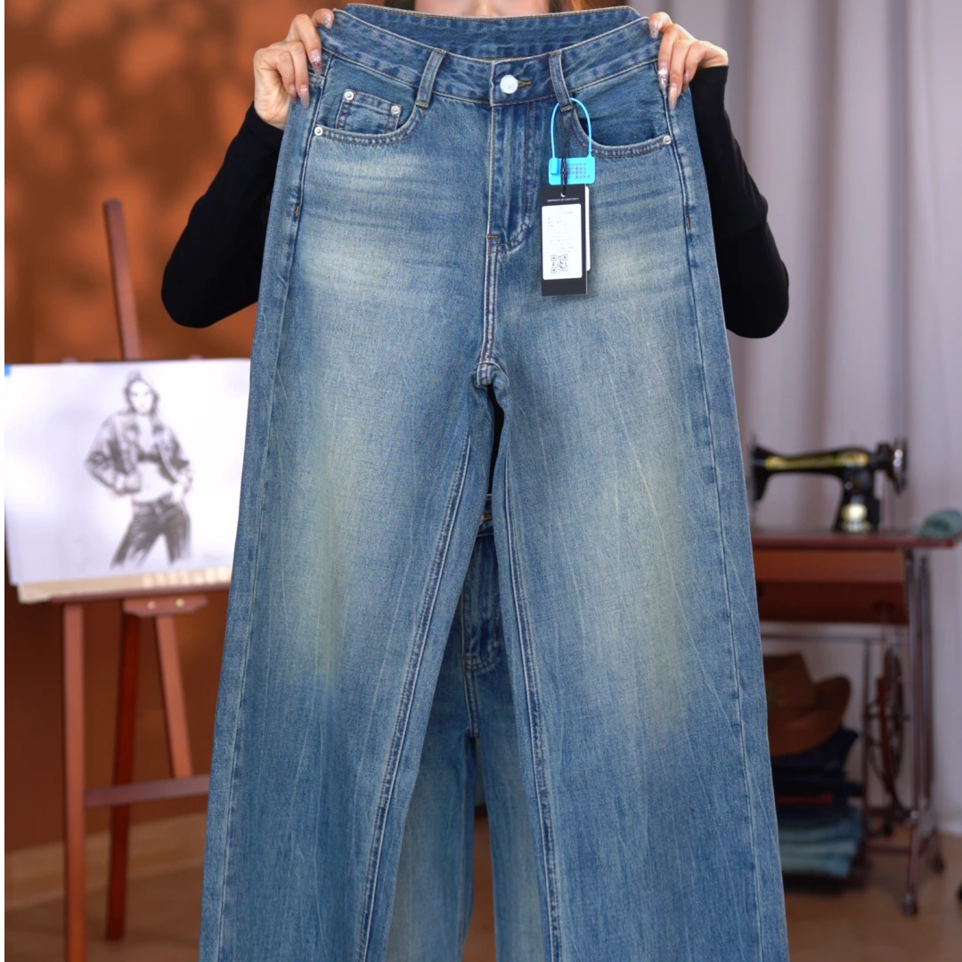 奢品丨2025新-树皮皱直筒裤休闲百搭春季新款潮流宽松时尚牛仔裤