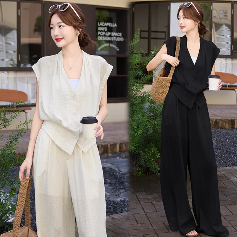 法式名媛风休闲套装女2025新款夏季无袖马甲衬衫垂感阔腿裤两件套