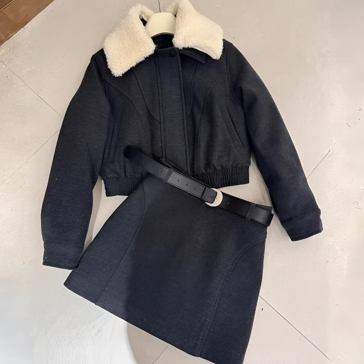 韩版小香风毛呢套装女2026春秋新款高级感翻领拼接外套短裙两件套