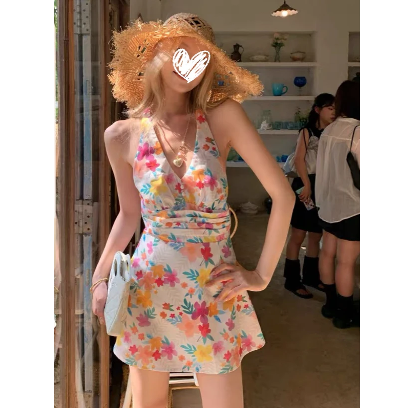 2025春夏季多巴胺挂脖连衣裙女无袖碎花吊带裙子