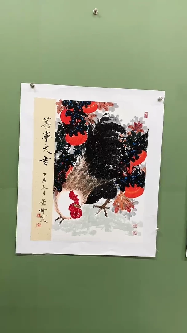 竖款精品开三花鸟，万事大吉