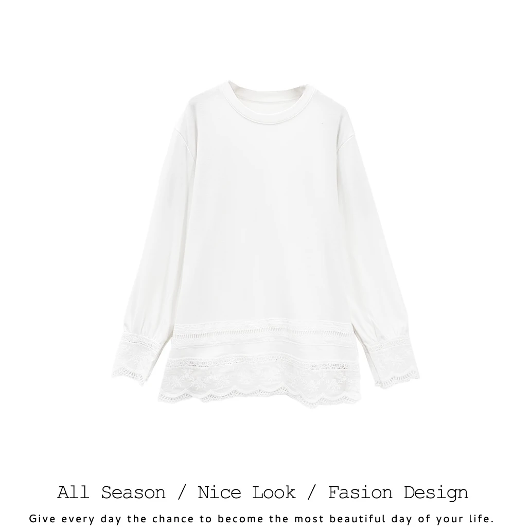 725   时尚白色宽松显瘦衬衫袖子拼接蕾丝下摆长袖    款号# 3020