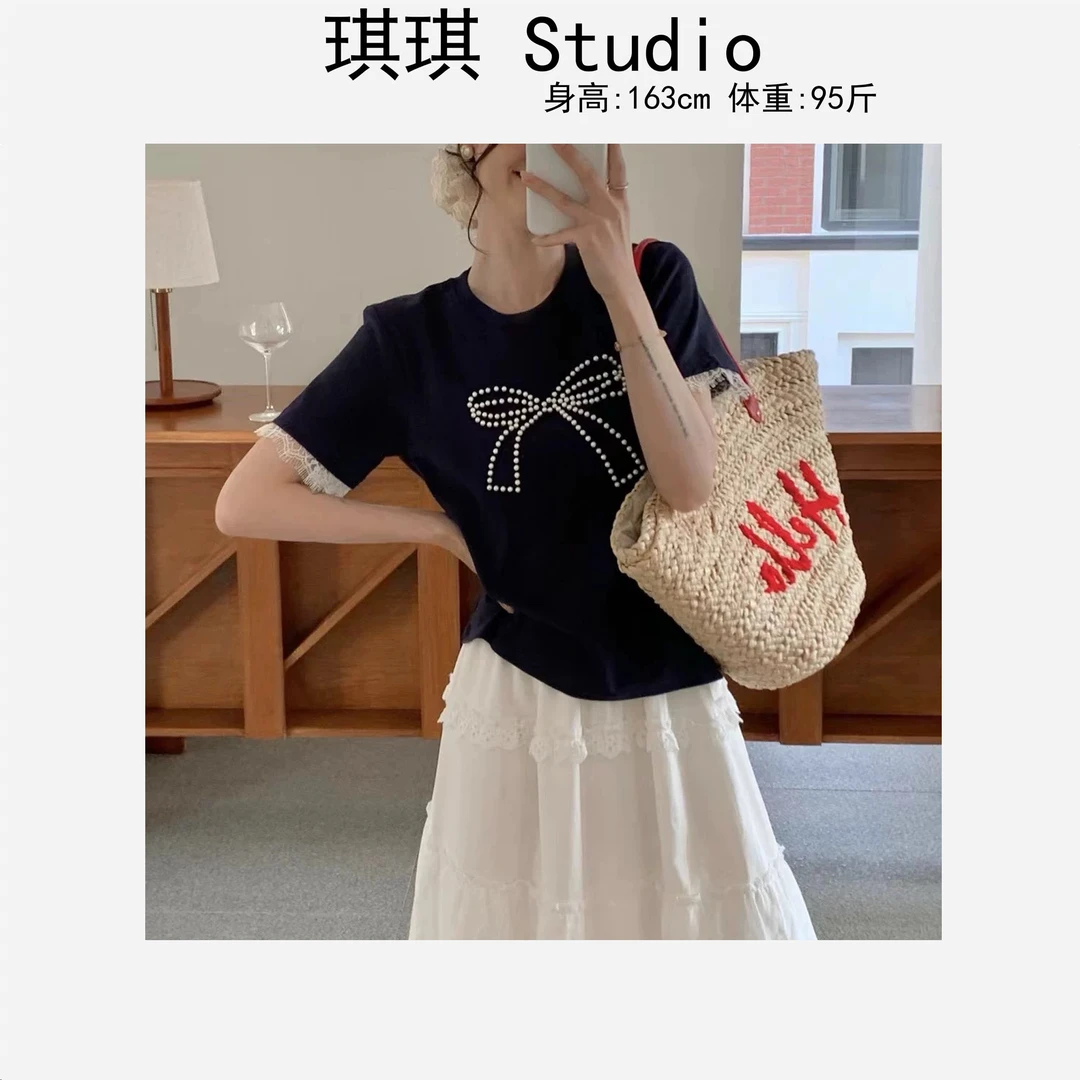 春季新款重工设计感珠珠立体蝴蝶结显瘦减龄休闲百搭短袖968-G