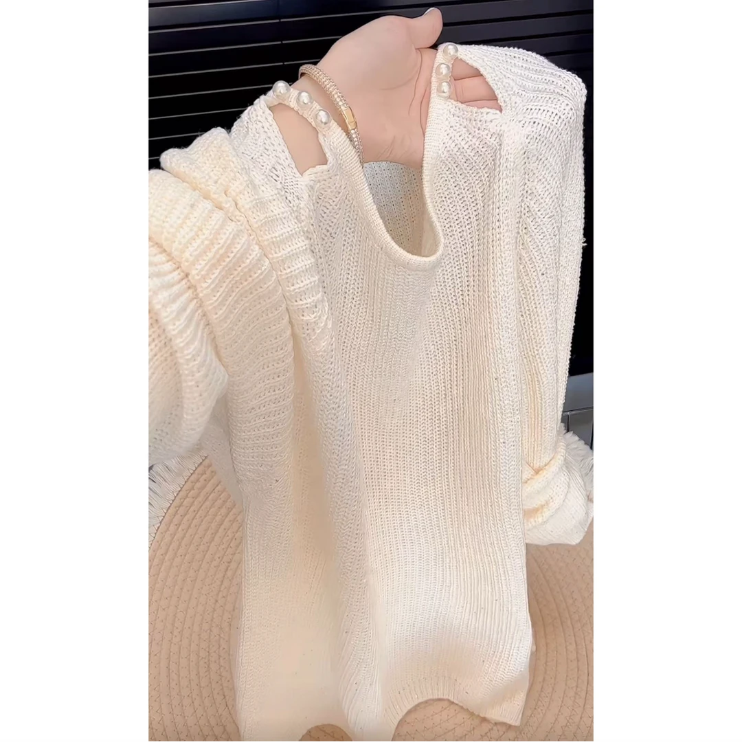 今年流行穿搭2025早秋新款温柔风珍珠亮片镂空毛针织衫长袖上衣