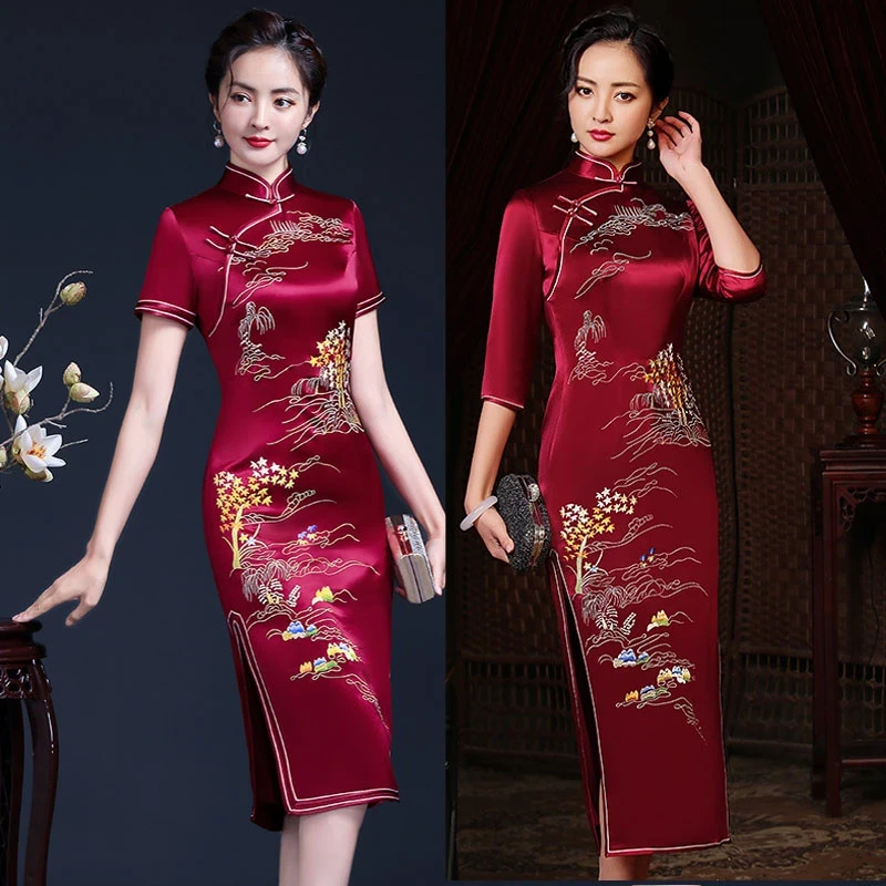 夏秋高端醋酸旗袍长款绣花连衣裙高贵洋气婚宴妈妈装喜婆婆婚礼服