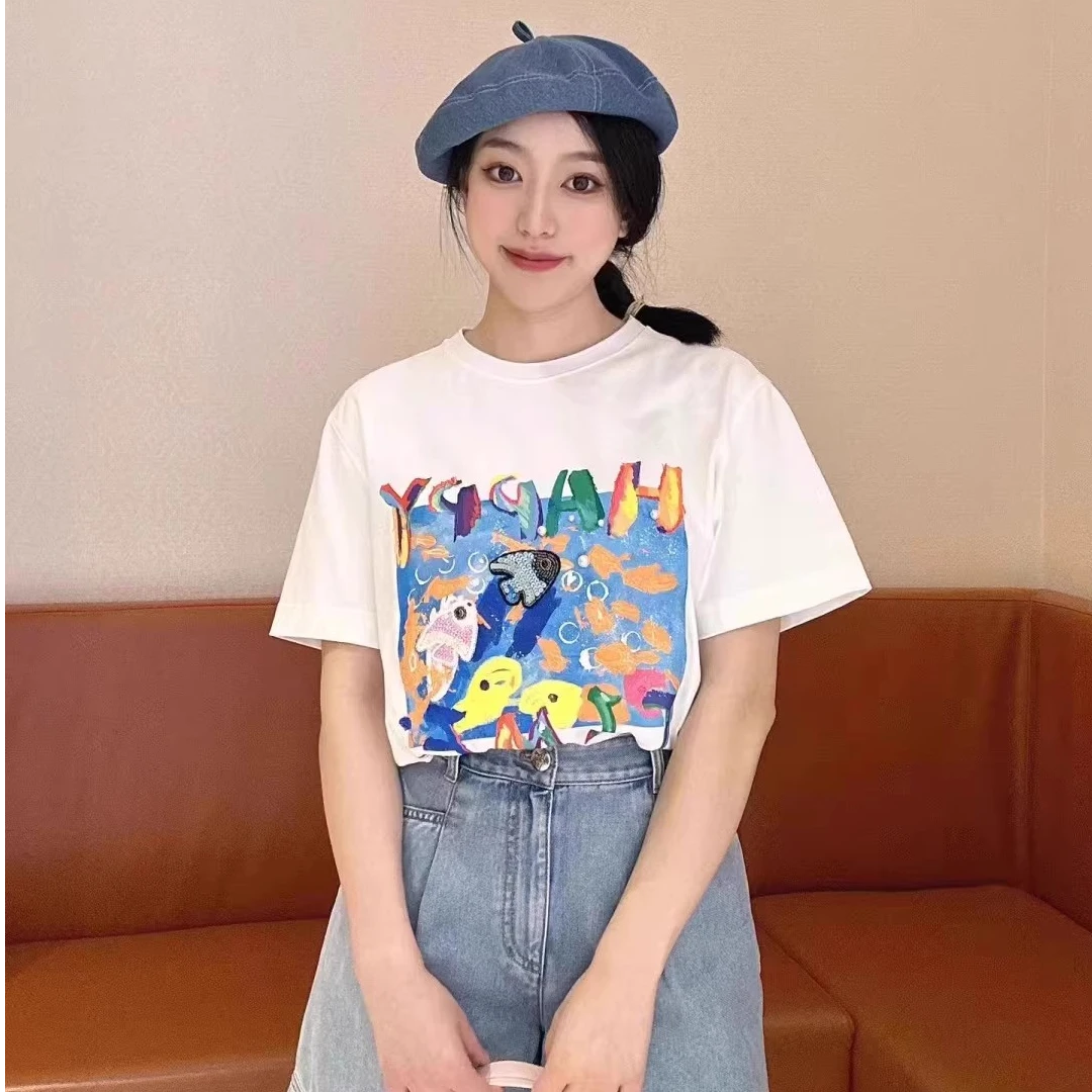 【商场同款】新款夏季亮片钉珠印花短袖t恤女纯棉中长款1300901白色