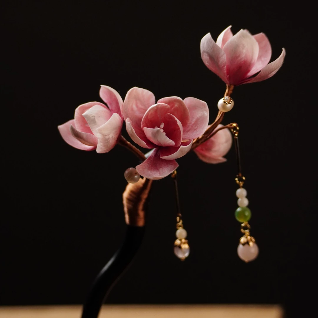 粉玉兰发簪非遗绒花南京绒花手工艺品国风古典风发簪新中式绒花