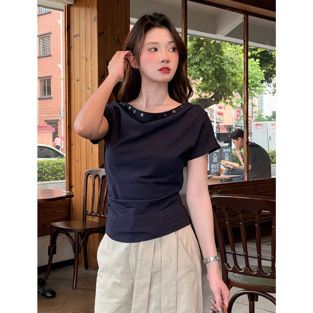 夏季三穿短袖修身显瘦斜肩T恤女气质百搭小众设计感拼接上衣