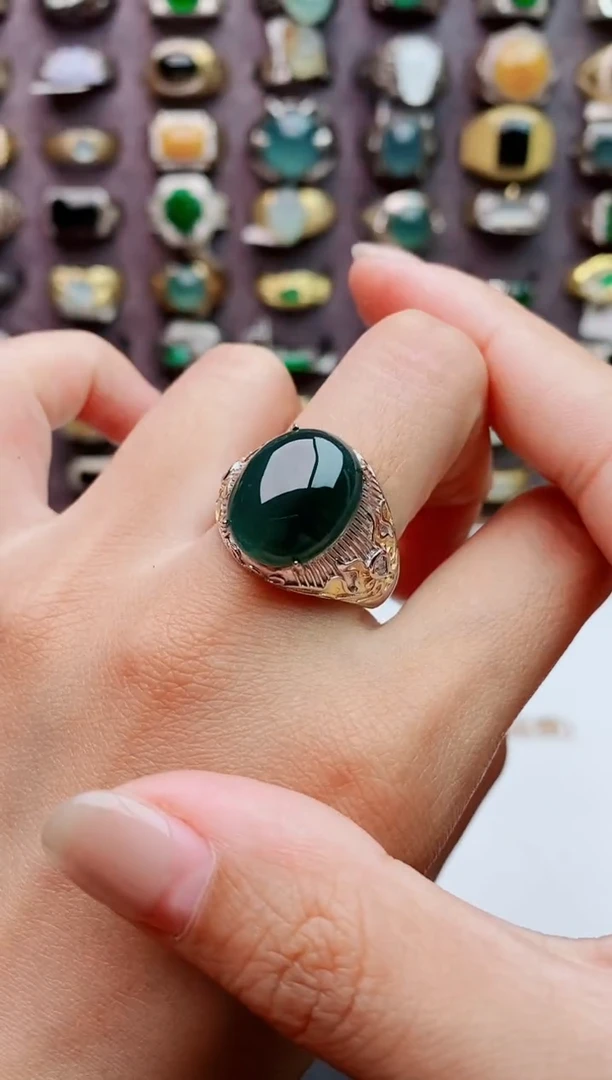 银S925镶嵌戒指翡翠天然翡翠男戒