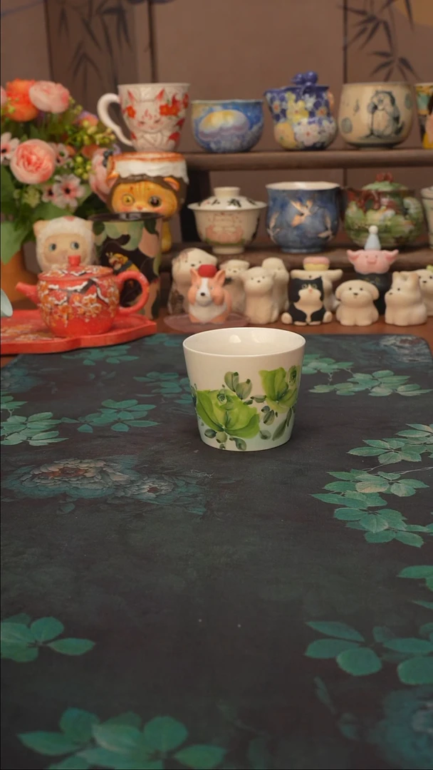 手绘   绿玫瑰猪口杯
