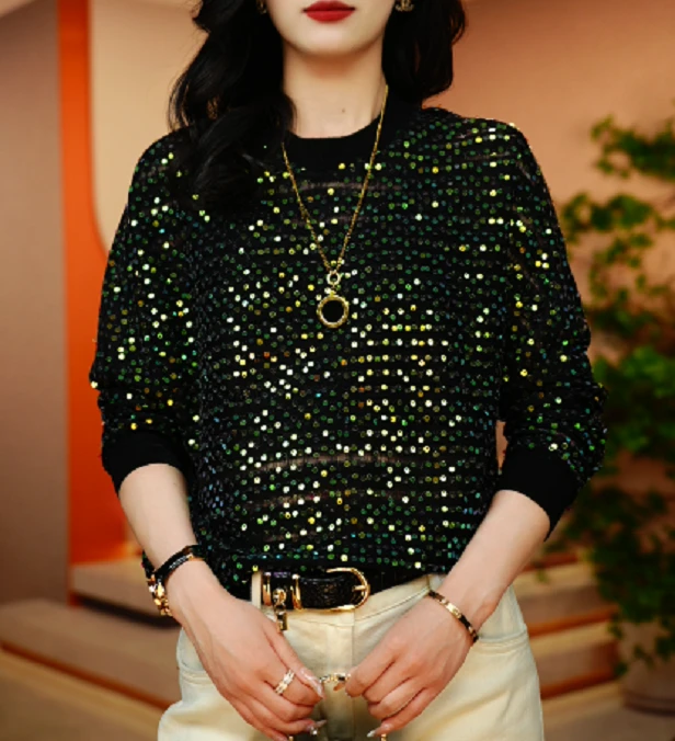 流光溢彩-高端长袖时尚上衣女显瘦显白百搭印花圆领减龄