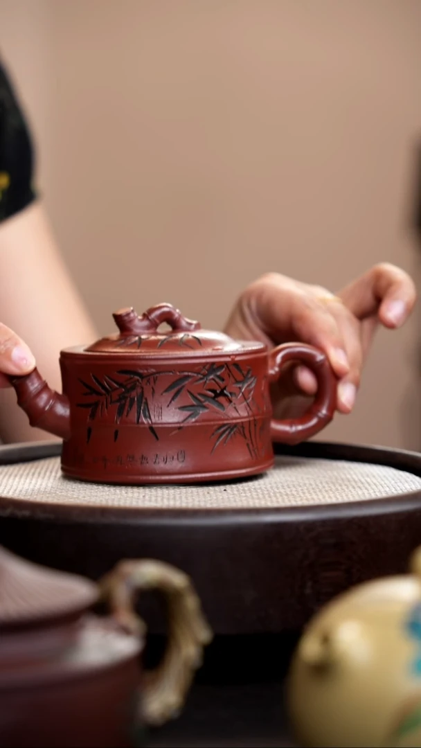 茶壶紫砂老朱泥一品竹段刻竹