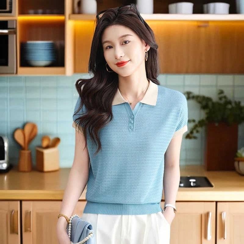 夏季修身时尚短袖显瘦翻领打底女士天丝POLOT恤针织气质百搭短款