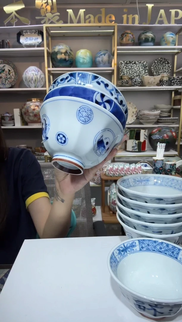 陶瓷蓝凛家饭碗12.5cm三支(童子+宝寿+浓丸纹)
