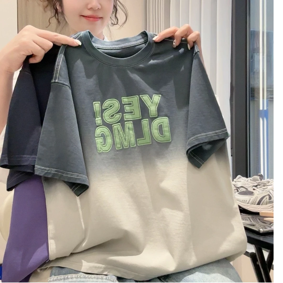 100%纯棉儿童圆领中大童韩版宽松短袖T恤D18纯棉吊染渐变色印花