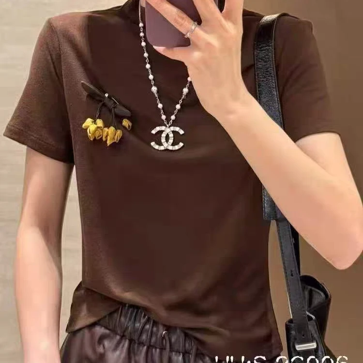 拉夏贝尔2025早秋新款韩版时尚高级感圆领短袖T恤女修身显瘦上衣