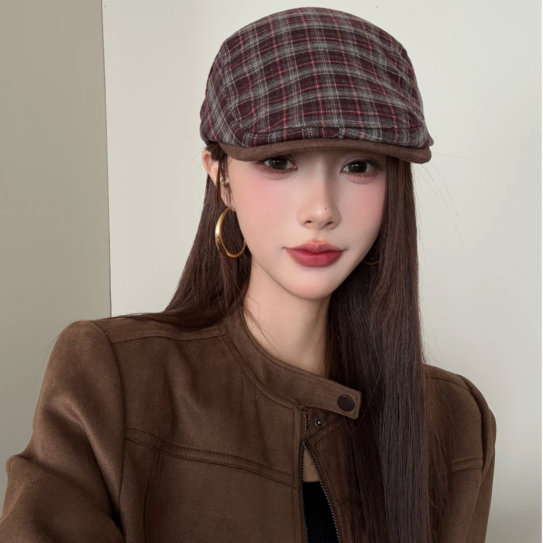复古英伦格纹前进帽子女秋冬优雅反戴贝雷帽显脸小百搭八角帽男潮