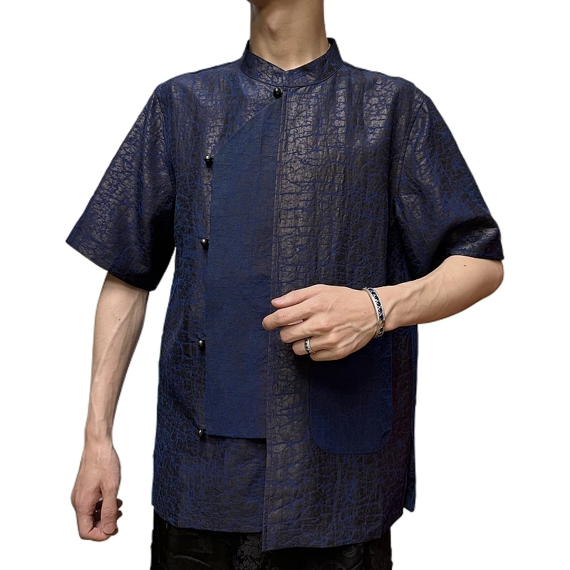 云空 - 老料桑蚕丝重裂龟纹香云纱双面穿！新中式立领斜襟短袖衬衫