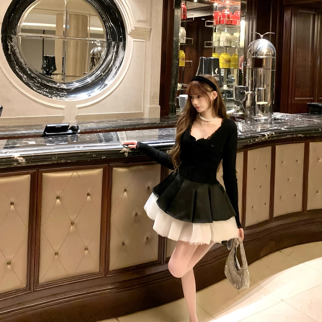 《芭蕾黑天鹅》公主风气质收腰网纱撞色蓬蓬裙女千金气质黑色连衣裙
