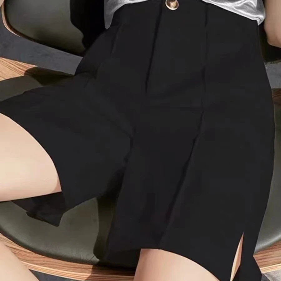 C3141米白色侧开叉西装直筒裤子女2025夏高腰显瘦五分工装中裤