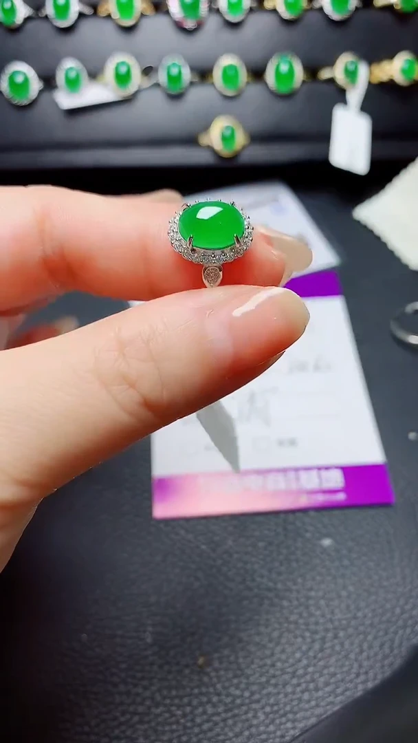 银S925镶嵌戒指翡翠  天然翡翠A货s925银镶