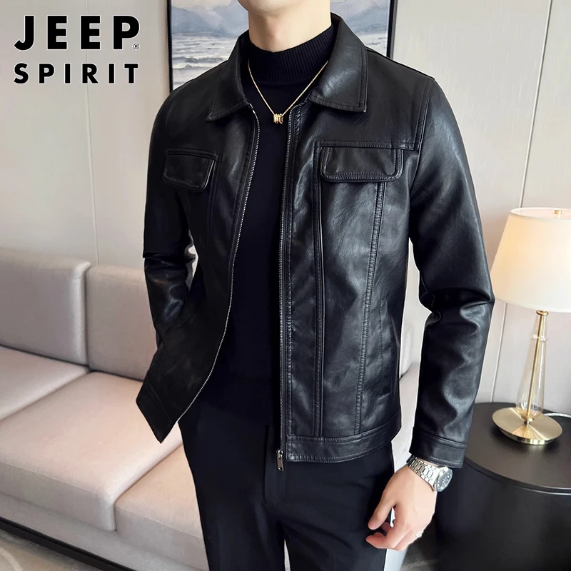 JEEPSPIRIT机车皮衣户外男士夏季潮牌潮流痞帅短款翻领轻熟皮夹克