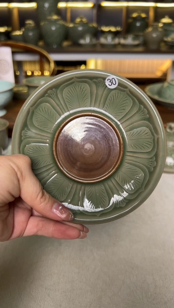 陶瓷耀州窑纯手工蕉叶纹双面壶承杯垫30号