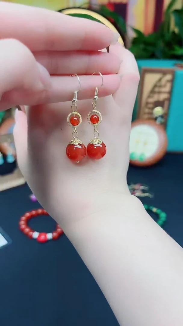 南红玛瑙银S925镶嵌耳饰203000