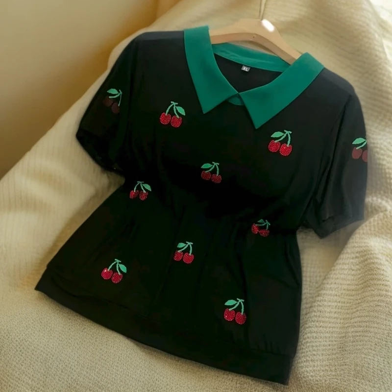 【绿领樱桃】夏季新品女士短袖休闲显瘦上衣女装时尚百搭小衫3985