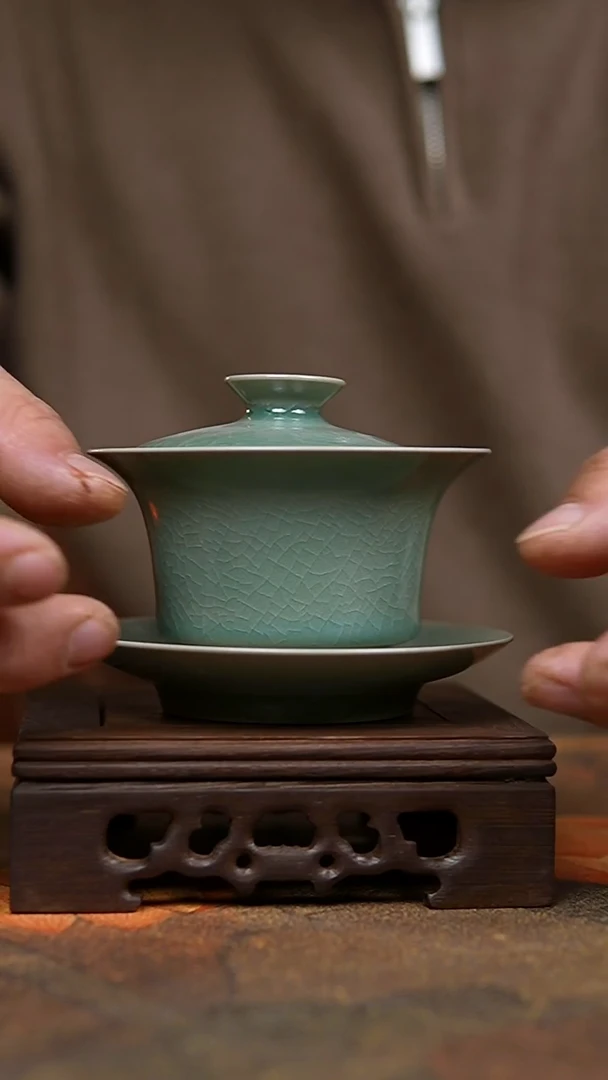 碗仿古青绿釉纯手工三才马蹄盖碗一级礼盒