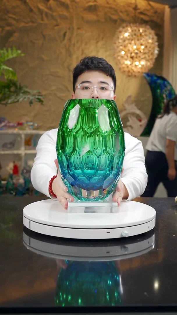 手工艺品琉璃祖母绿蓝色凹面花器