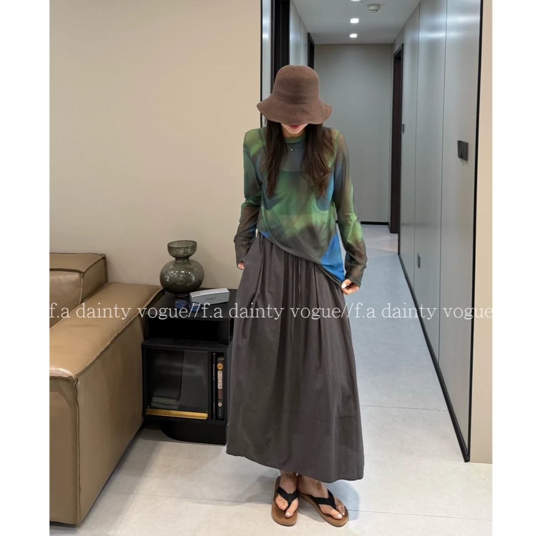 F.A[极光]百搭长袖小衫夏季女士蕾丝绿色扎染圆领上衣防晒显瘦