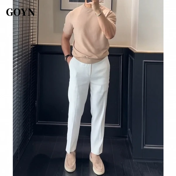 GOYN简约风男士时尚纯色九分西裤夏季薄款垂感男装窄版直筒休闲裤