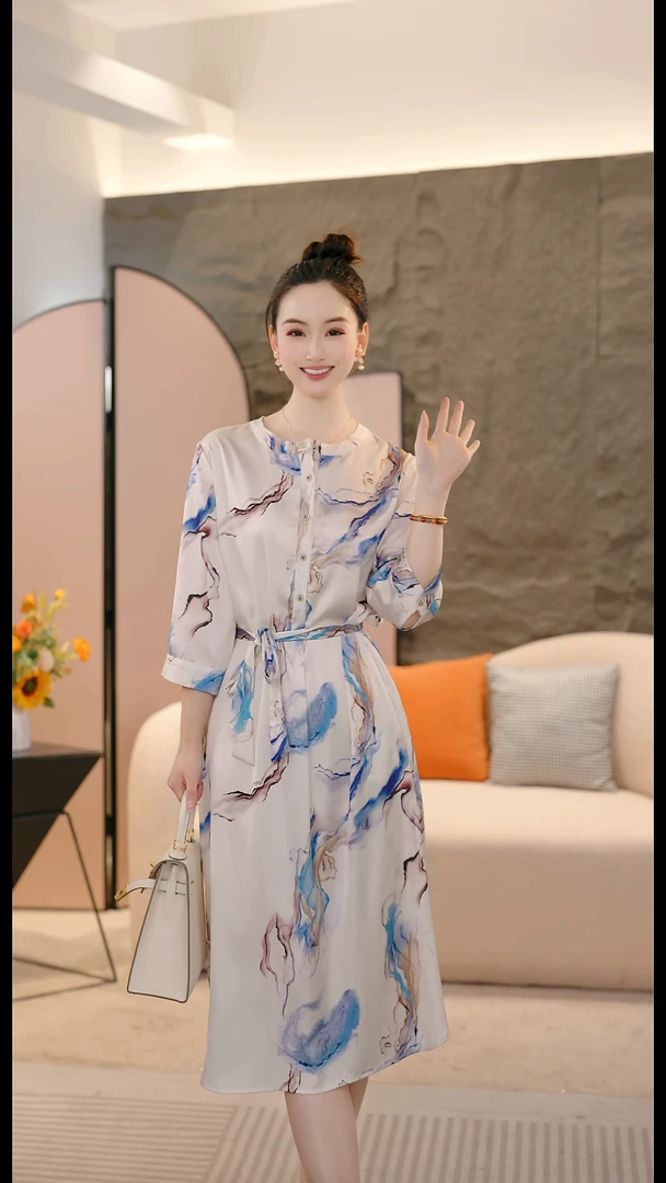 2025复古港风撞色中袖轻奢时尚印花休闲夏季连衣裙9077