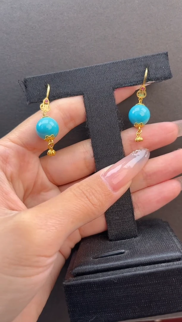 绿松石18K金镶嵌耳钩原矿绿松圆珠耳钩