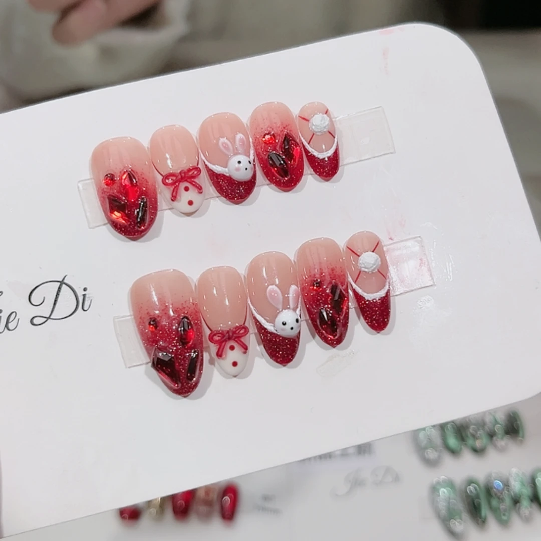 【小兔子】姐弟纯手工穿戴美甲立体手绘小兔子红色法式