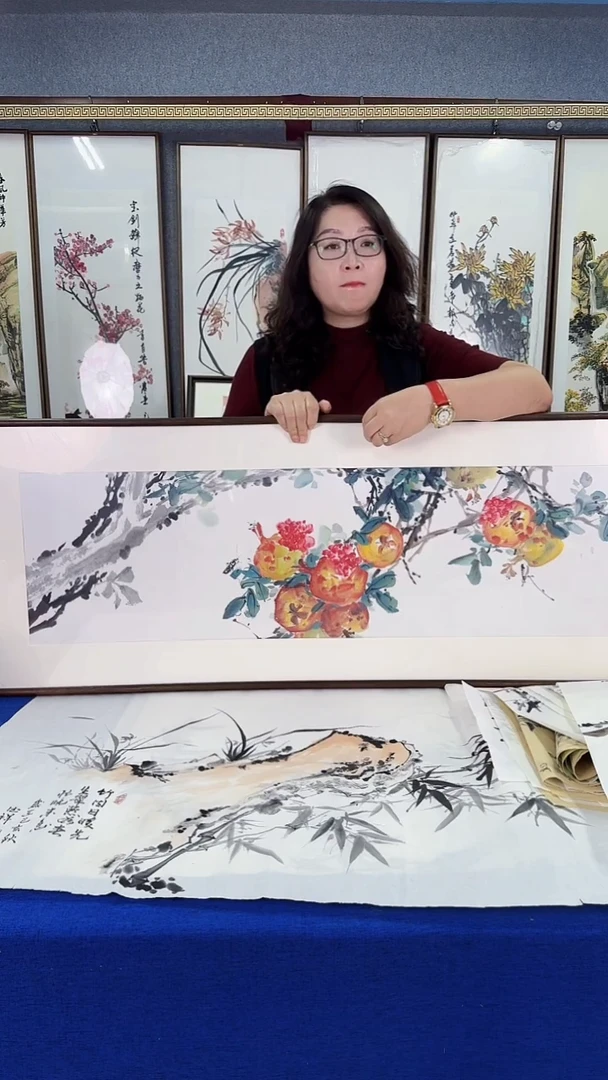 国画石榴图 实木画框48*163