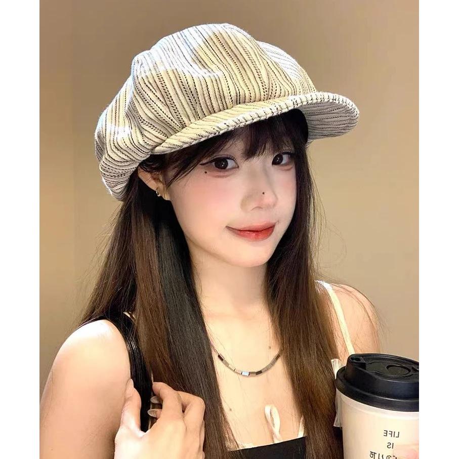 复古条纹褶皱贝雷帽女春夏季小众不规则大头围显脸小防晒画家帽子