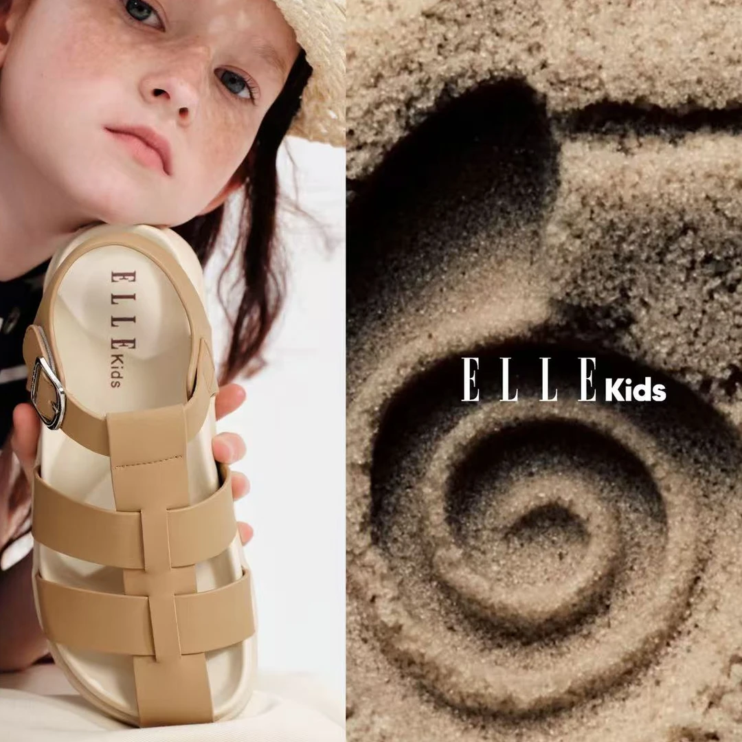 ELLE KIDS童鞋魔术贴女童凉鞋半包头小女孩夏鞋镂空儿童勃肯鞋