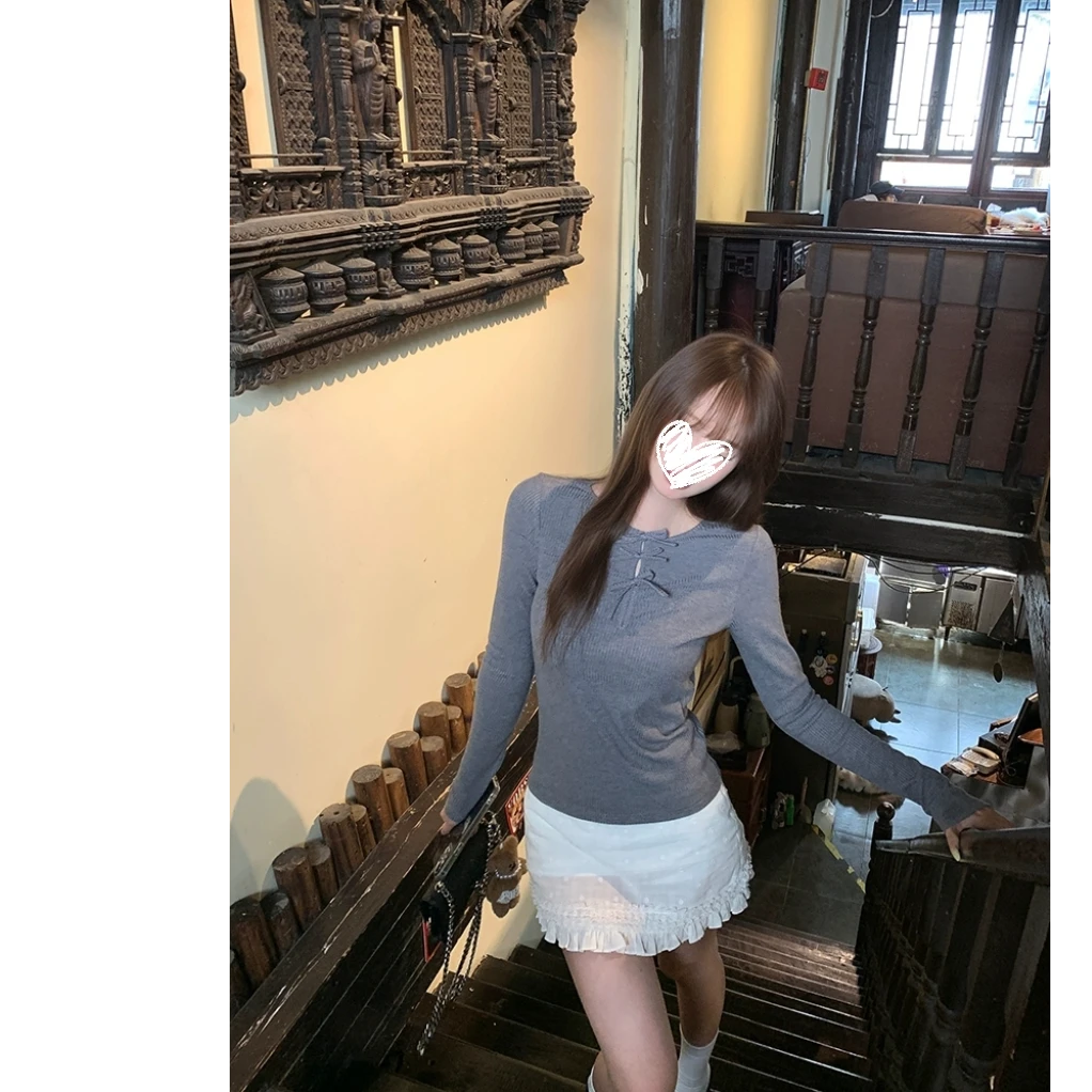 蝴蝶结修身针织衫长袖T恤女早秋穿搭绝美巨好看的上衣#Y8577