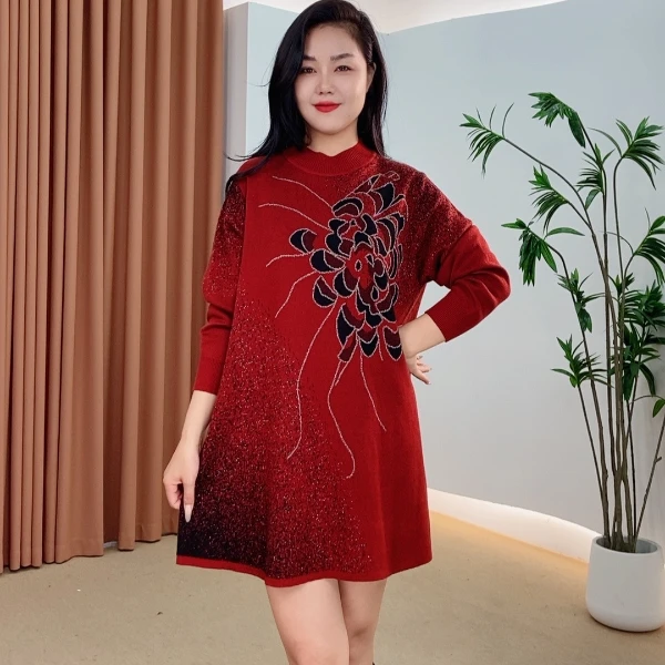 405秋冬针织羊毛衫时尚舒适中长款气质蕾丝打底连衣裙长袖红色