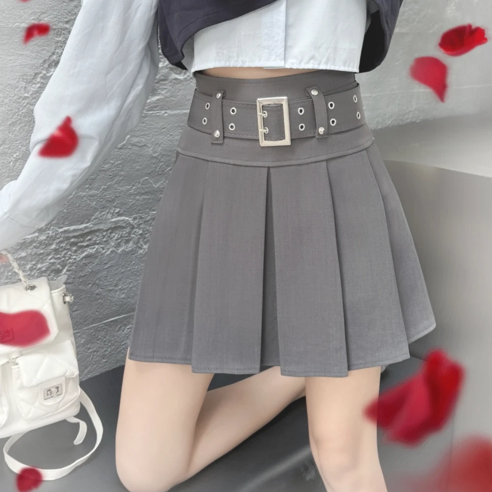 灰色西装百褶半身裙女春夏2025年新款高腰显瘦a字伞裙防走光短裙