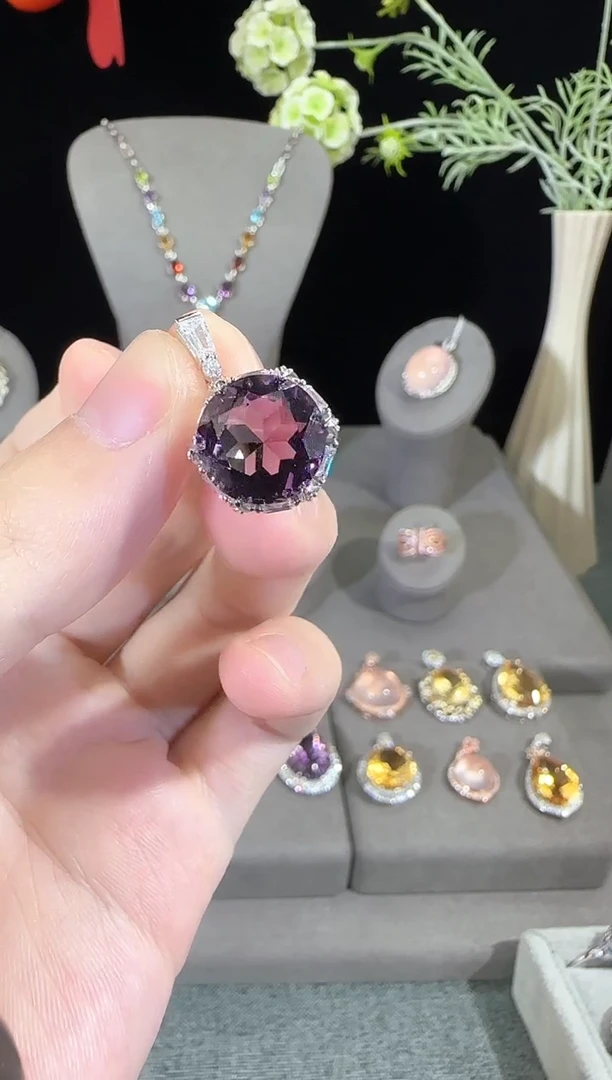 银S925镶嵌颈饰紫晶13mm吊坠