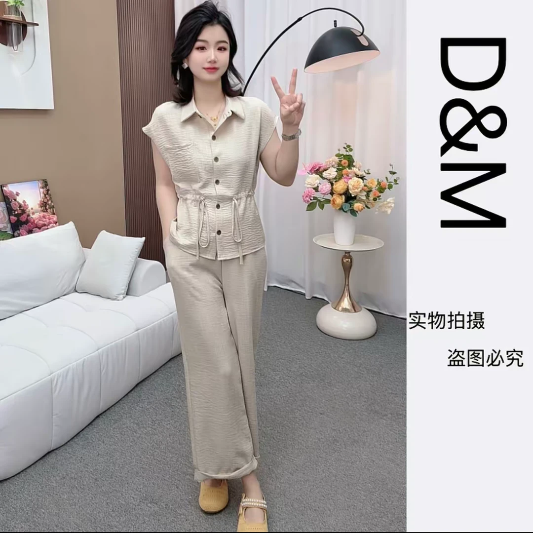 2025年夏季新款气质麻感设计感开衫短袖衬衫九分裤OL风套装女显瘦