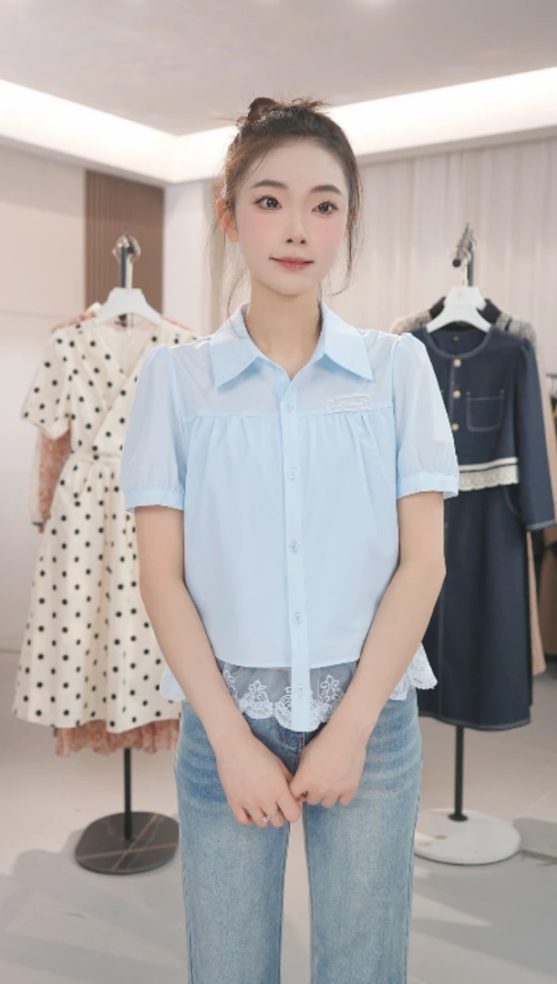 Z8212春夏衬衣女士高端时尚洋气百搭宽松蕾丝拼接短袖衬衫女