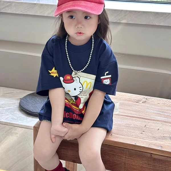 设计感女宝女童kt猫T恤短袖夏装2025新款儿童蓝色休闲童装上衣
