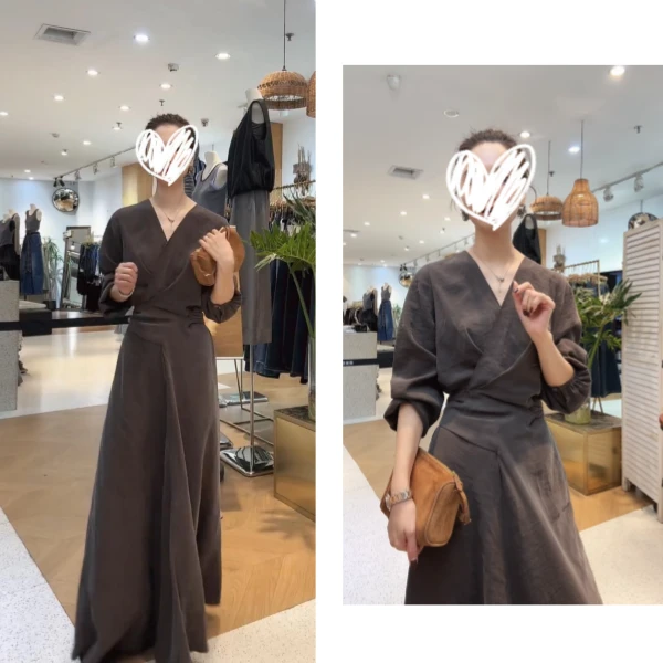 法式慵懒V领长袖连衣裙女士2025新款设计感时尚气质收腰长款裙子