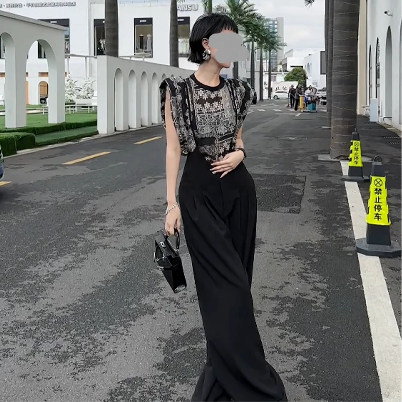 2025夏季新款两件套时尚套装女高级感无袖花色衬衣阔腿裤气质套装